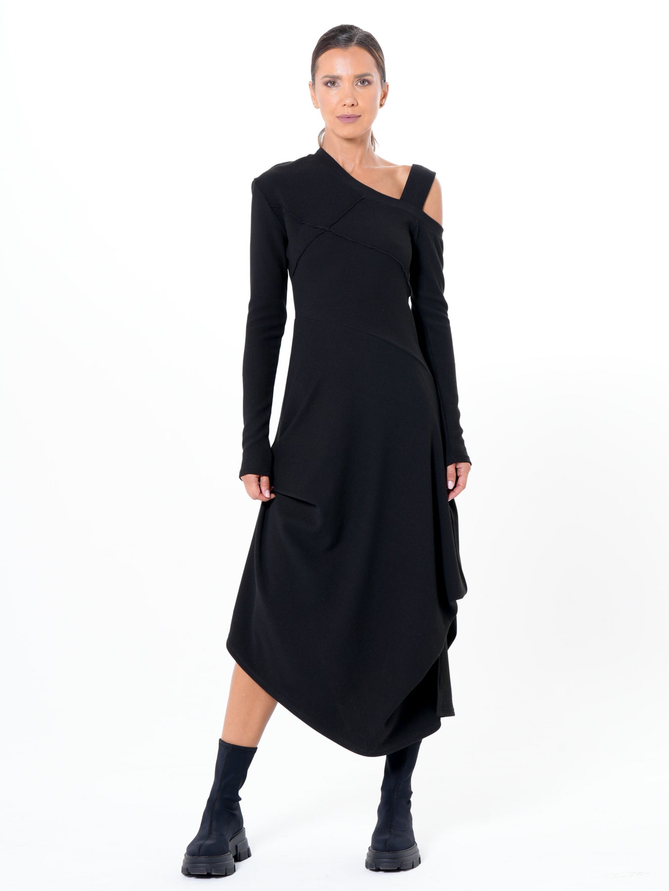 Asymmetric Black Dress with Shoulder Cutout – Metamorphoza