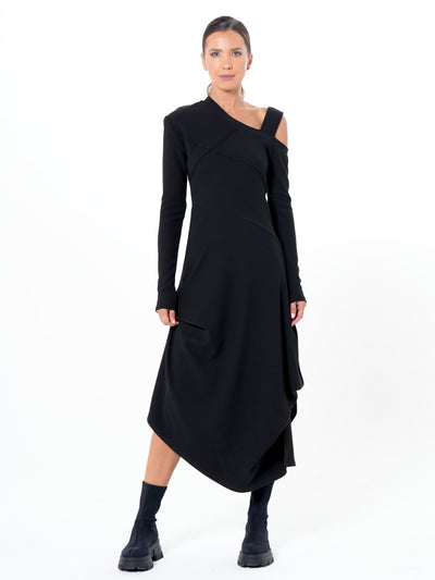 Asymmetric Black Dress with Shoulder Cutout