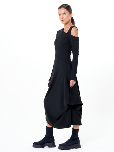 Asymmetric Black Dress with Shoulder Cutout