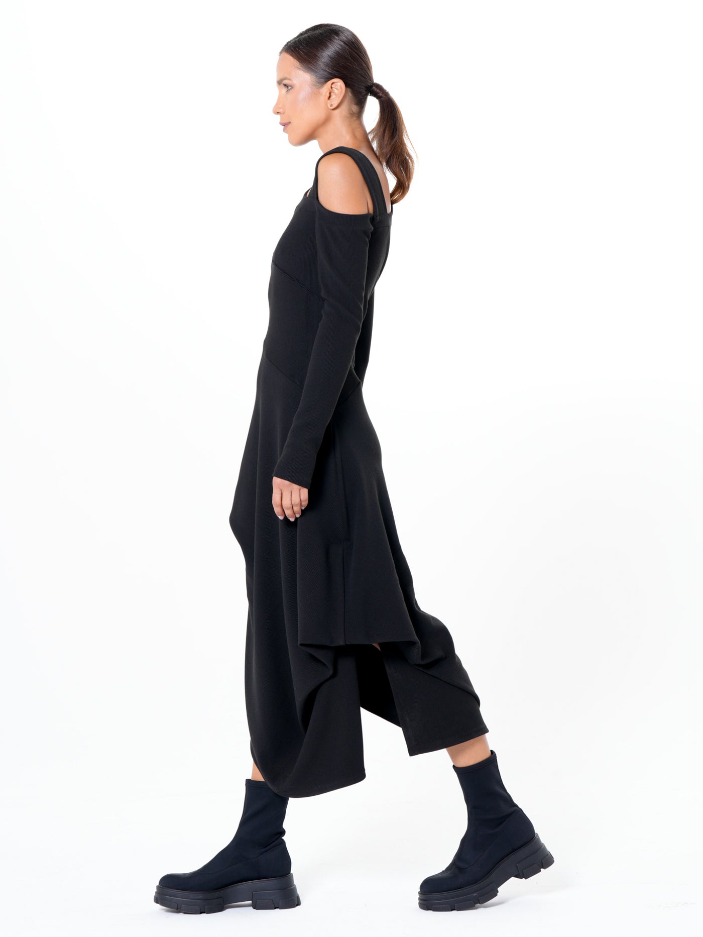 Asymmetric Black Dress with Shoulder Cutout