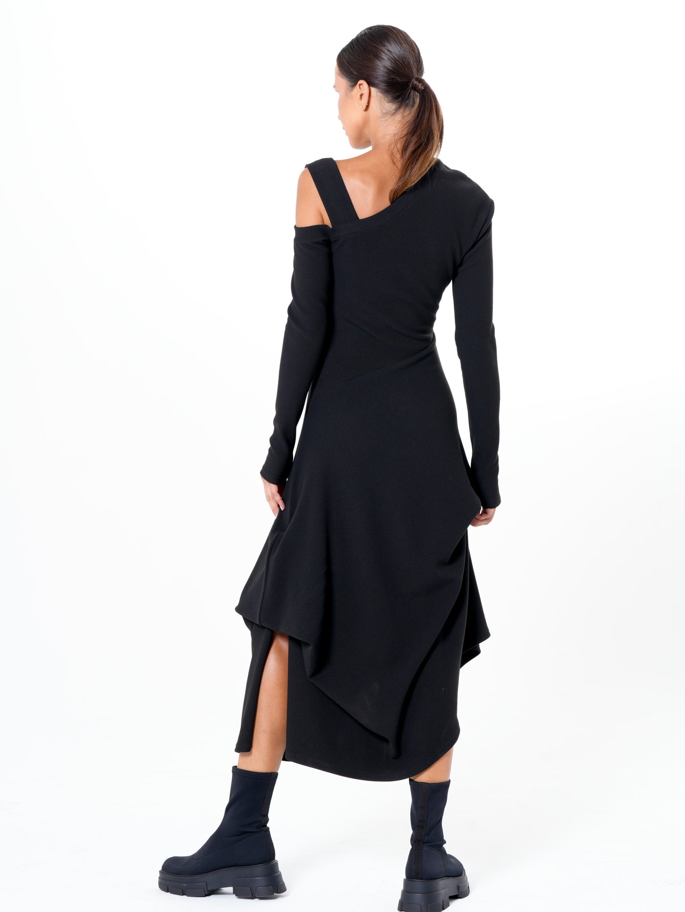 Asymmetric Black Dress with Shoulder Cutout