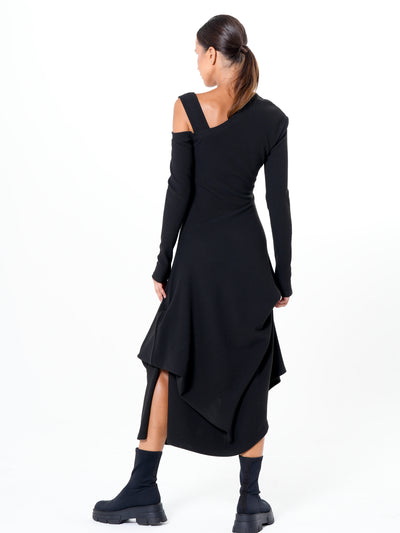 Asymmetric Black Dress with Shoulder Cutout