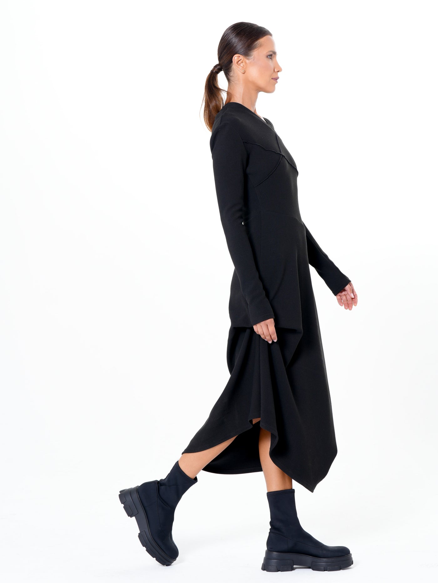 Asymmetric Black Dress with Shoulder Cutout
