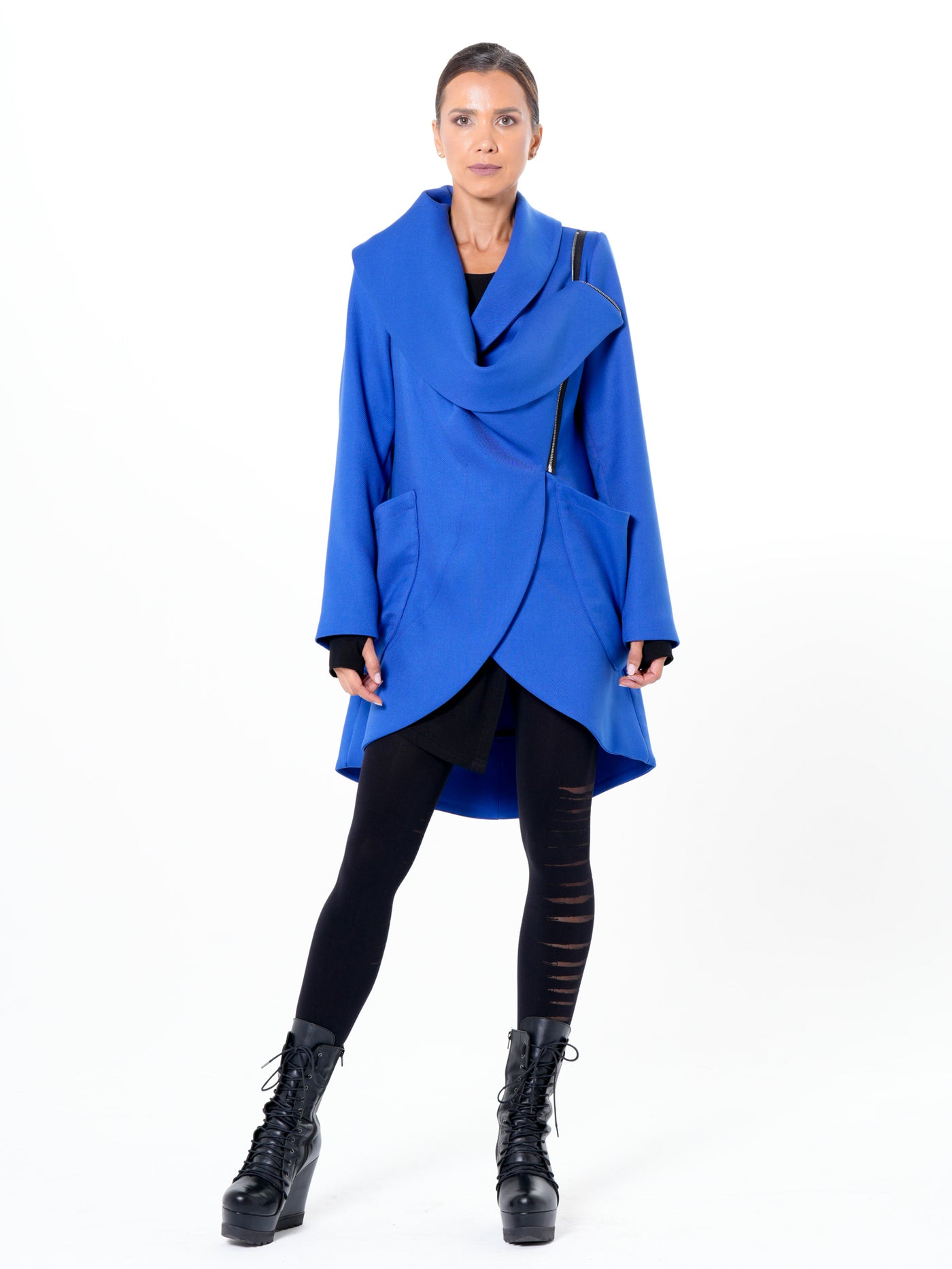 Transitional Coat with Draped Collar In Royal Blue