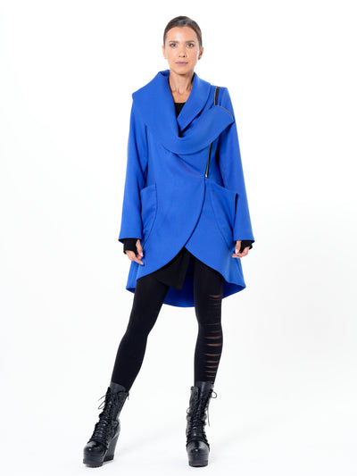 Transitional Coat with Draped Collar In Royal Blue