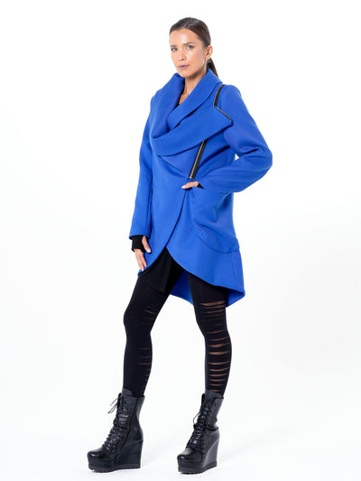 Transitional Coat with Draped Collar In Royal Blue