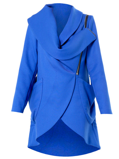 Transitional Coat with Draped Collar In Royal Blue