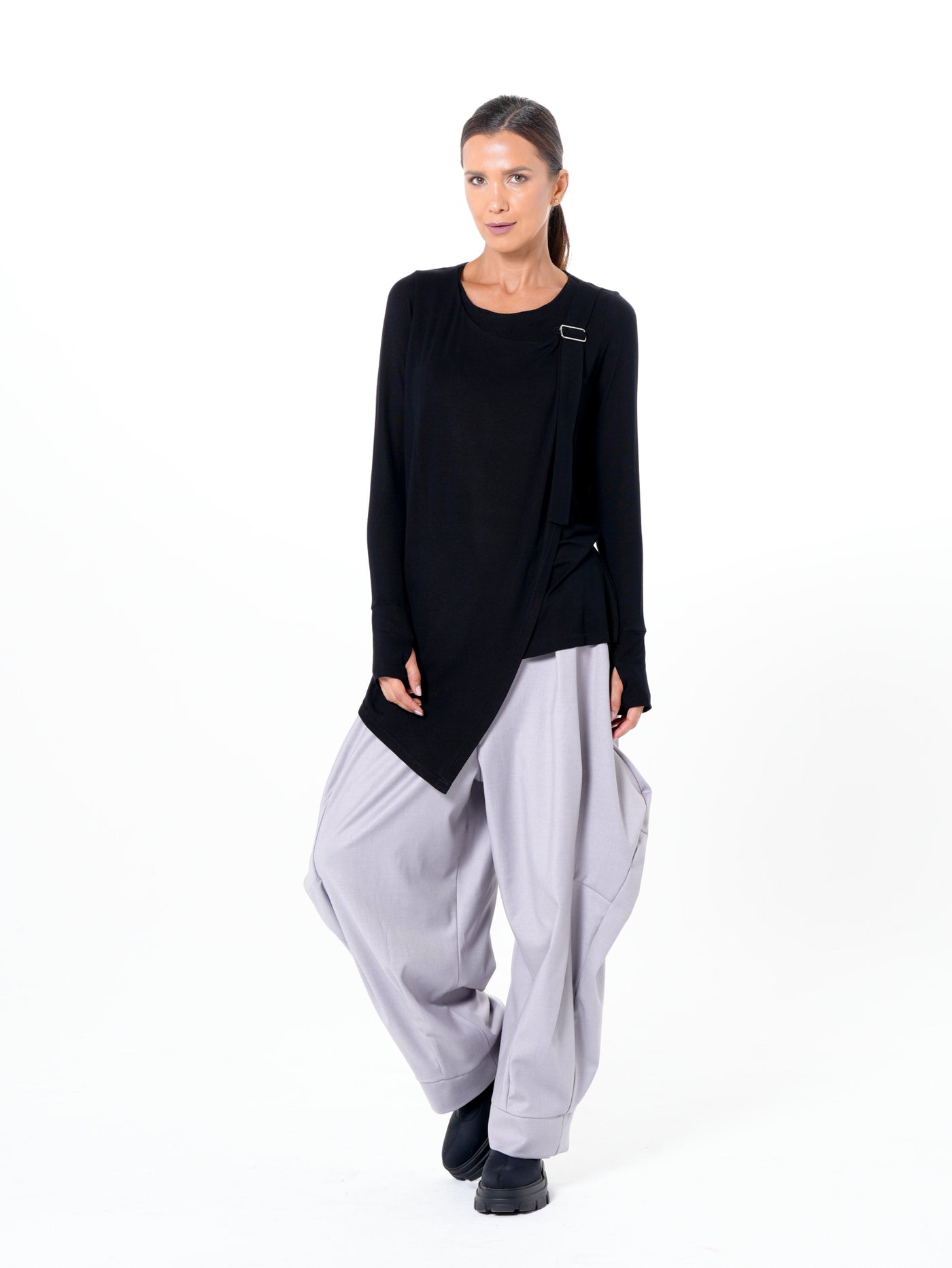 Asymmetric Long Sleeve Top In Black