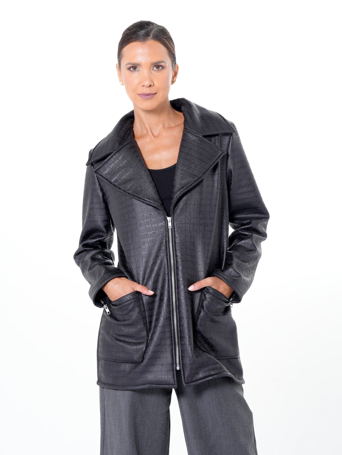 Croc-Effect Faux Suede Jacket in Black