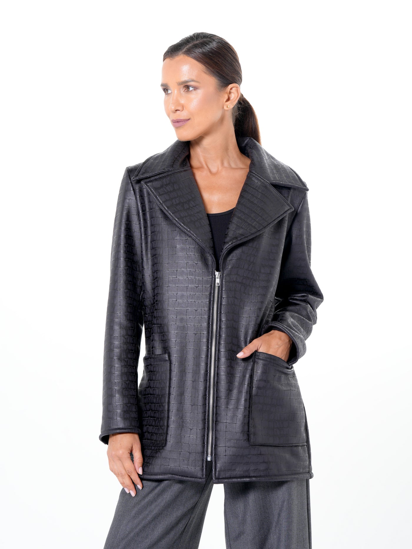 Croc-Effect Faux Suede Jacket in Blue