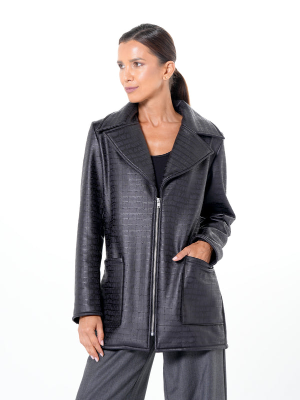 Croc-Effect Faux Suede Jacket in Black