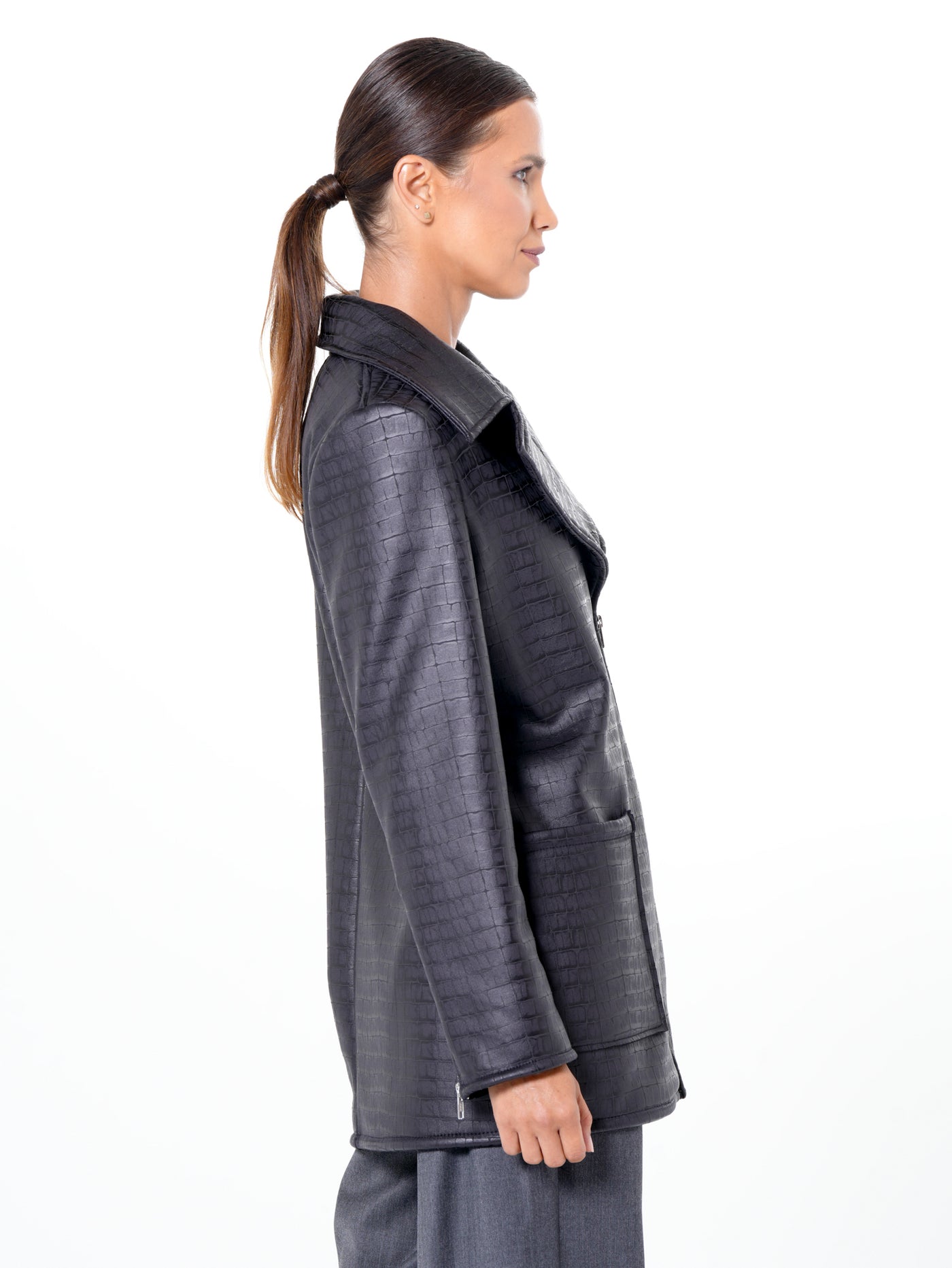 Croc-Effect Faux Suede Jacket in Black