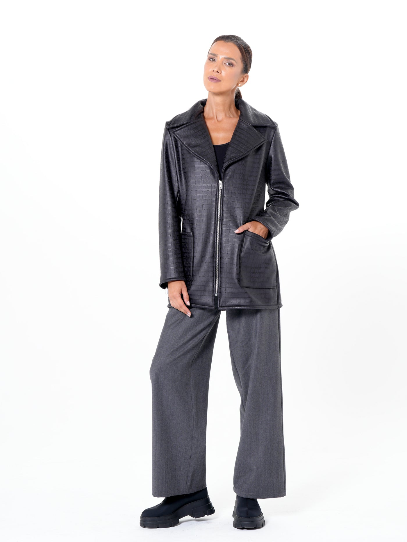 Croc-Effect Faux Suede Jacket in Black
