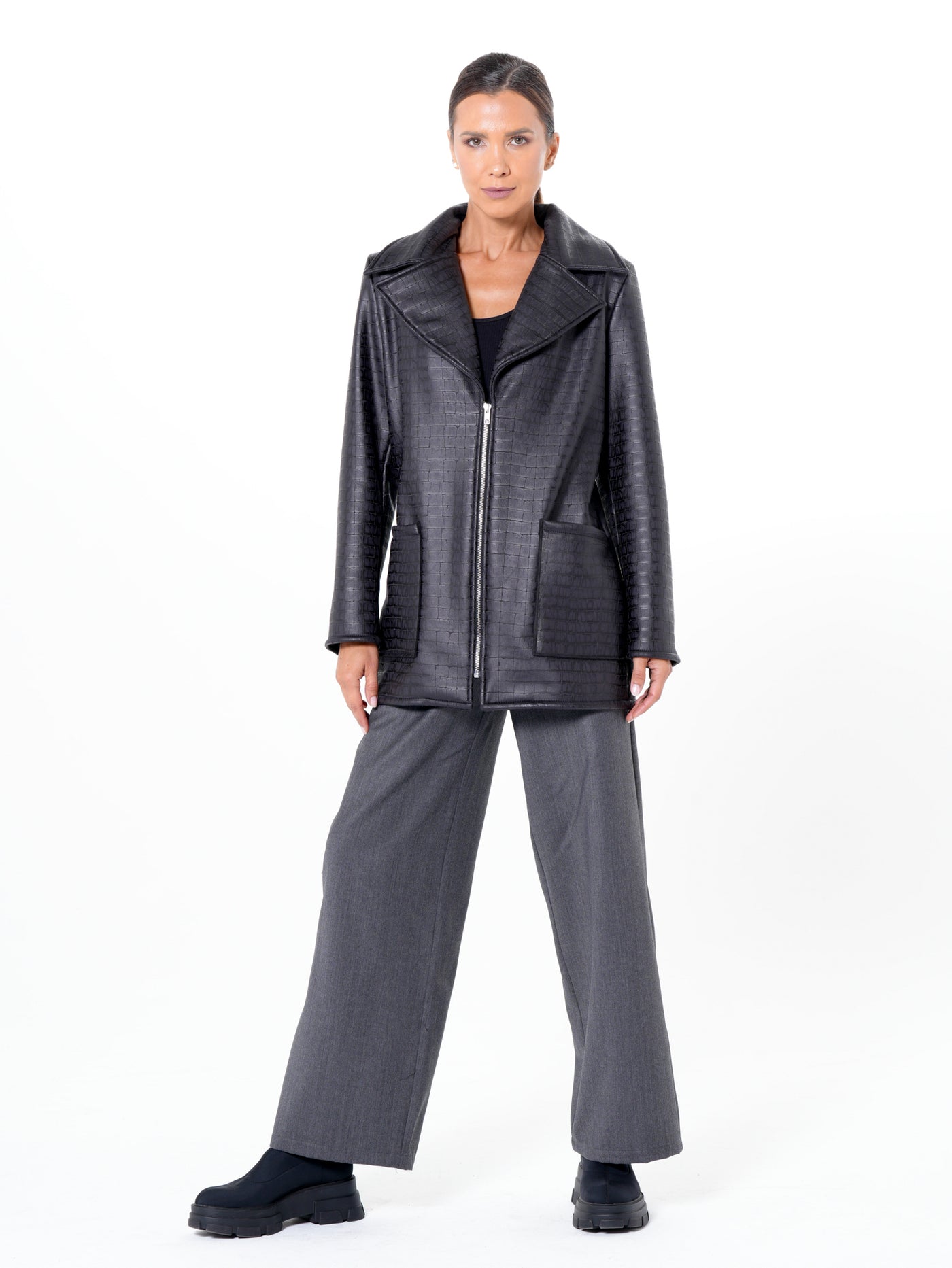 Croc-Effect Faux Suede Jacket in Black