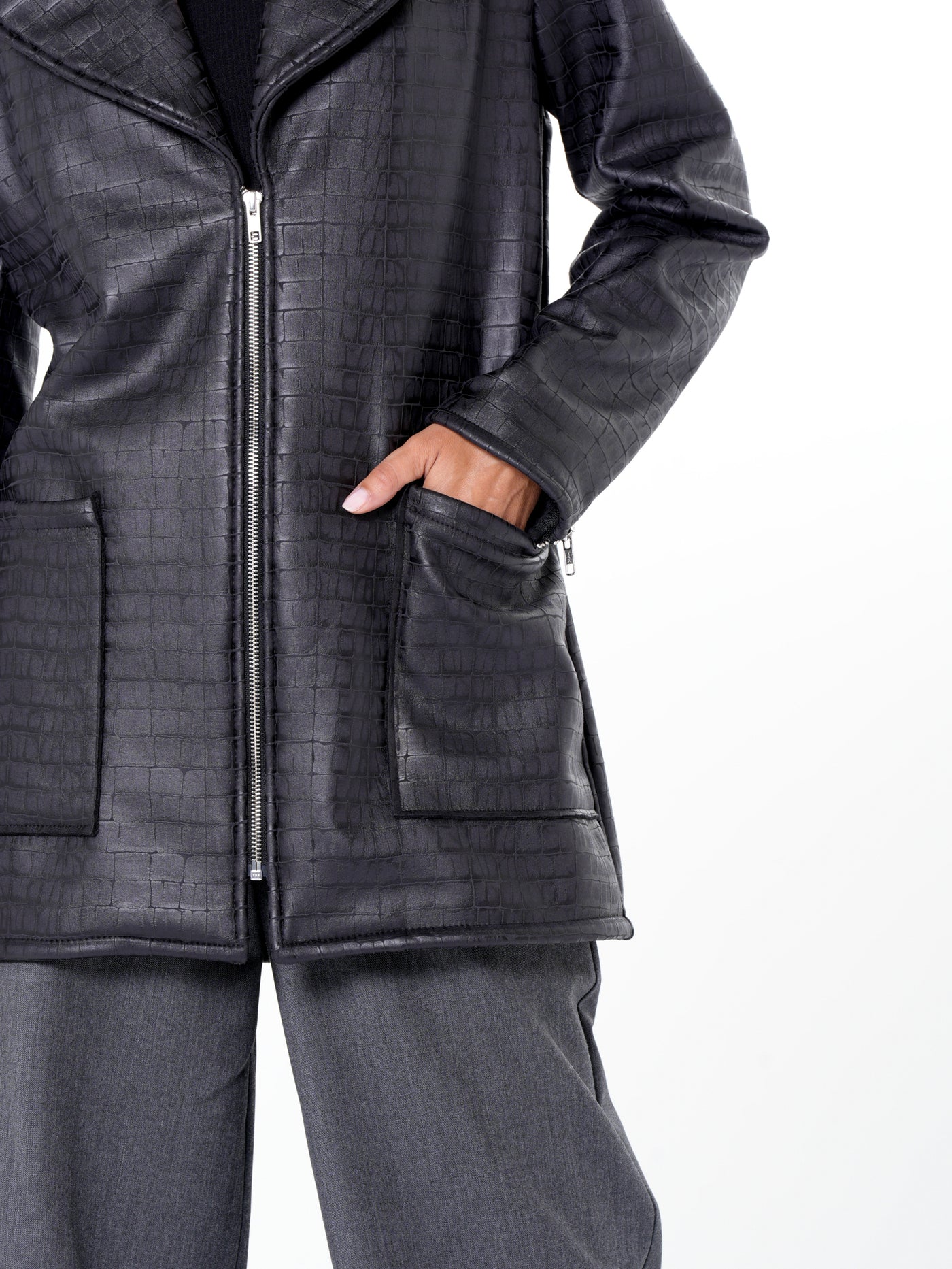 Croc-Effect Faux Suede Jacket in Black