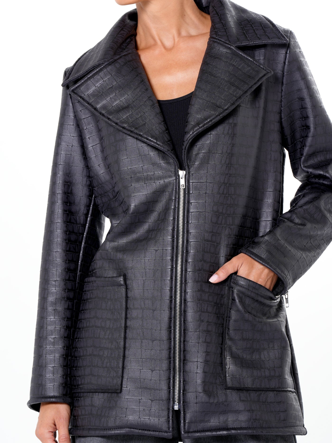 Croc-Effect Faux Suede Jacket in Black