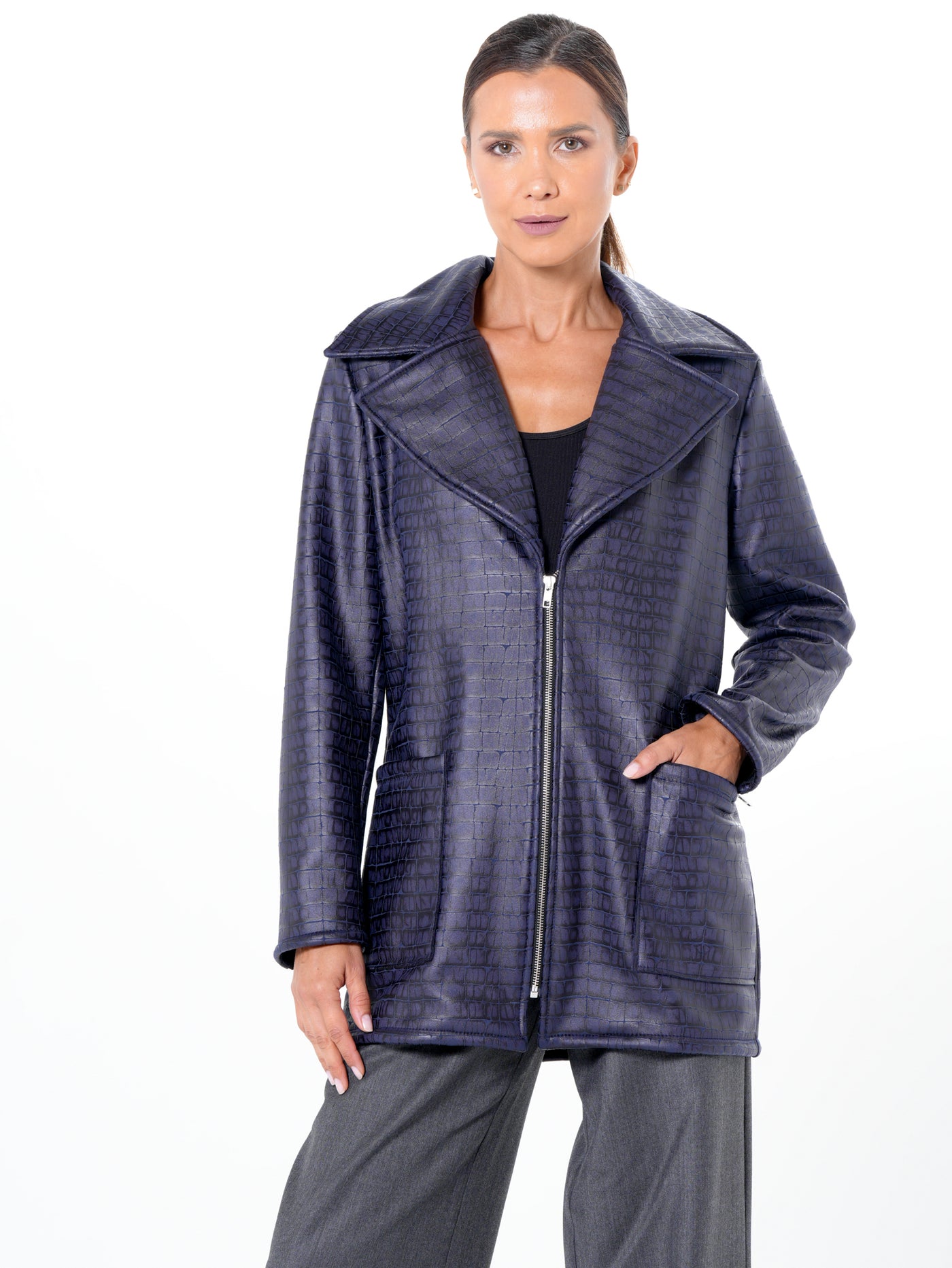 Croc-Effect Faux Suede Jacket in Blue