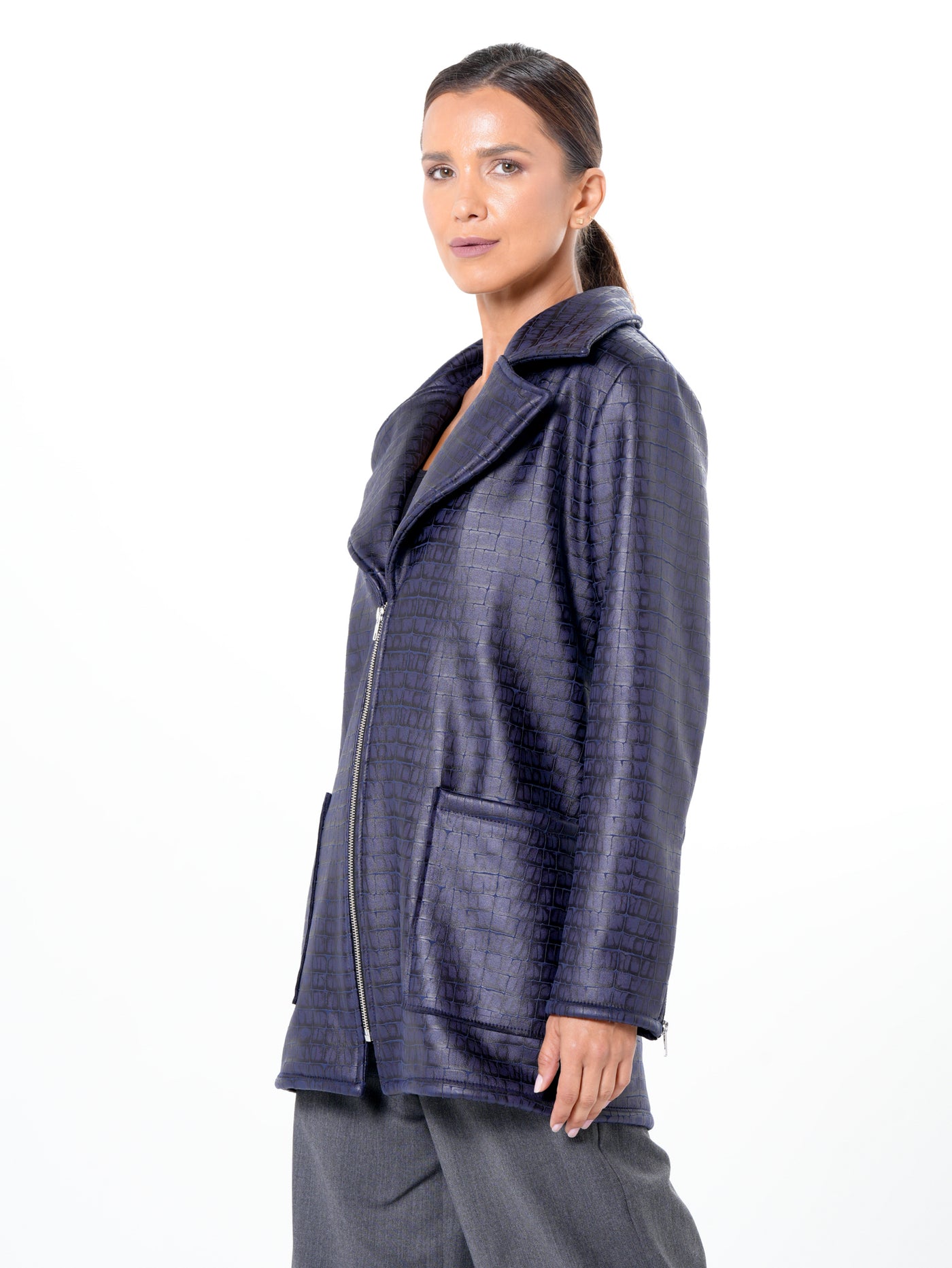 Croc-Effect Faux Suede Jacket in Blue