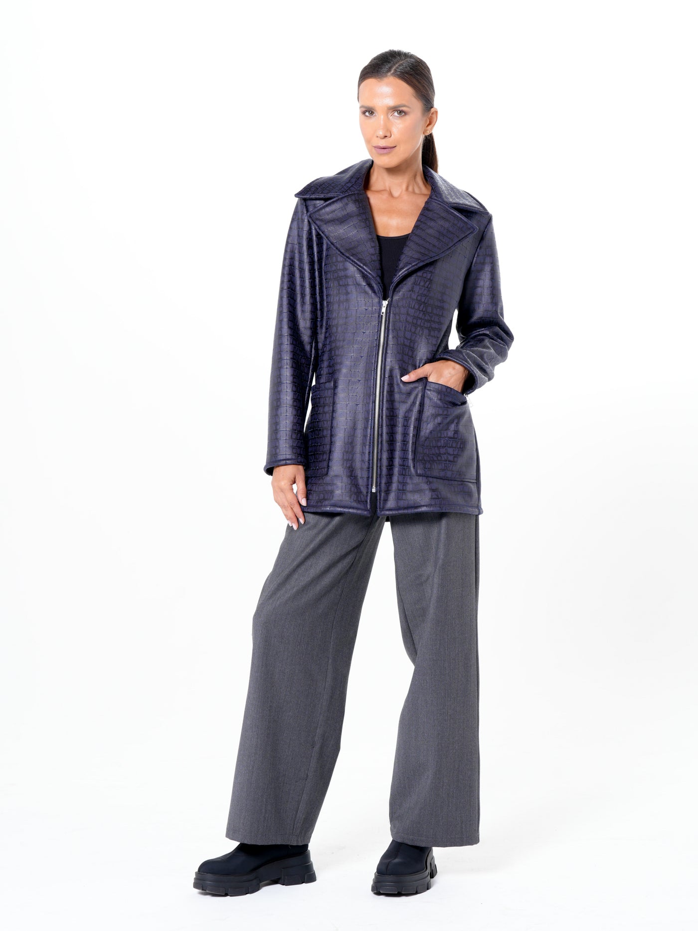Croc-Effect Faux Suede Jacket in Blue