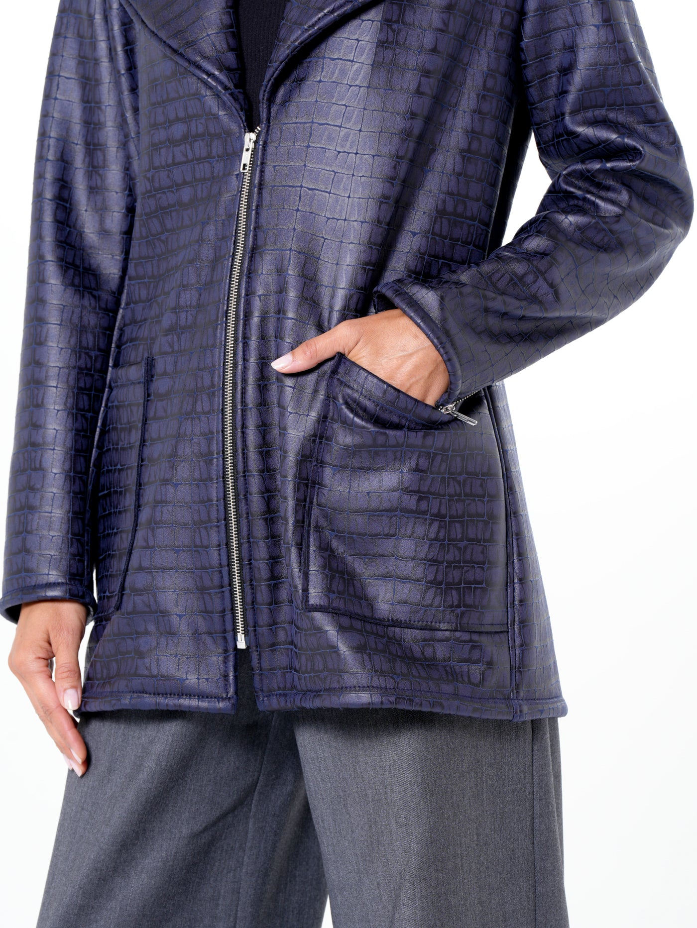 Croc-Effect Faux Suede Jacket in Blue