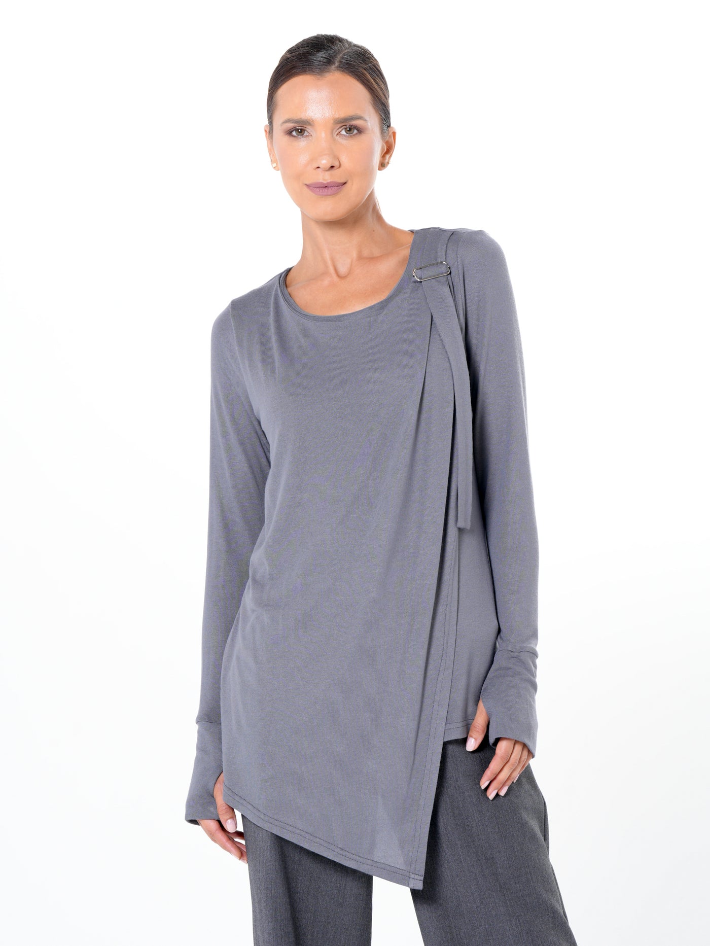 Asymmetric Long Sleeve Top In Gray