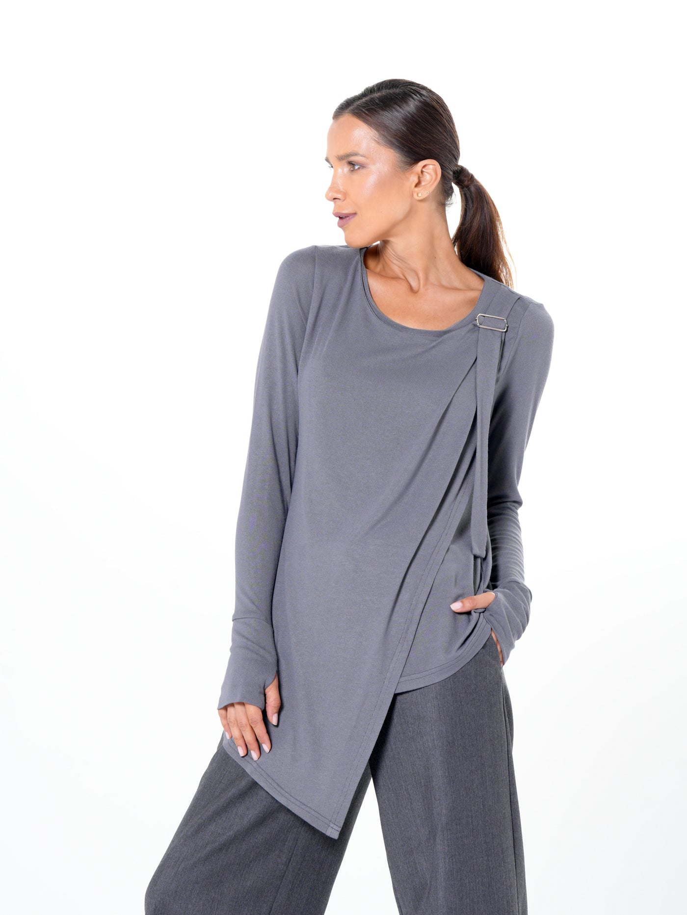Asymmetric Long Sleeve Top In Gray