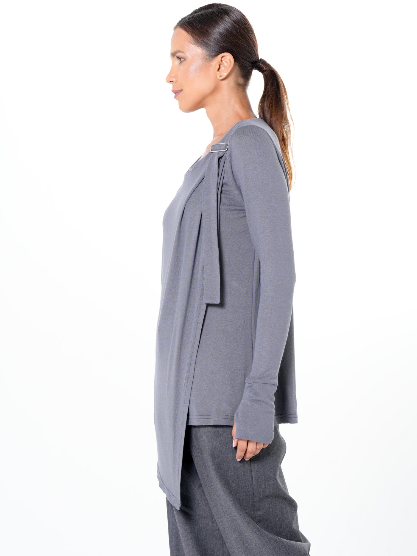 Asymmetric Long Sleeve Top In Gray