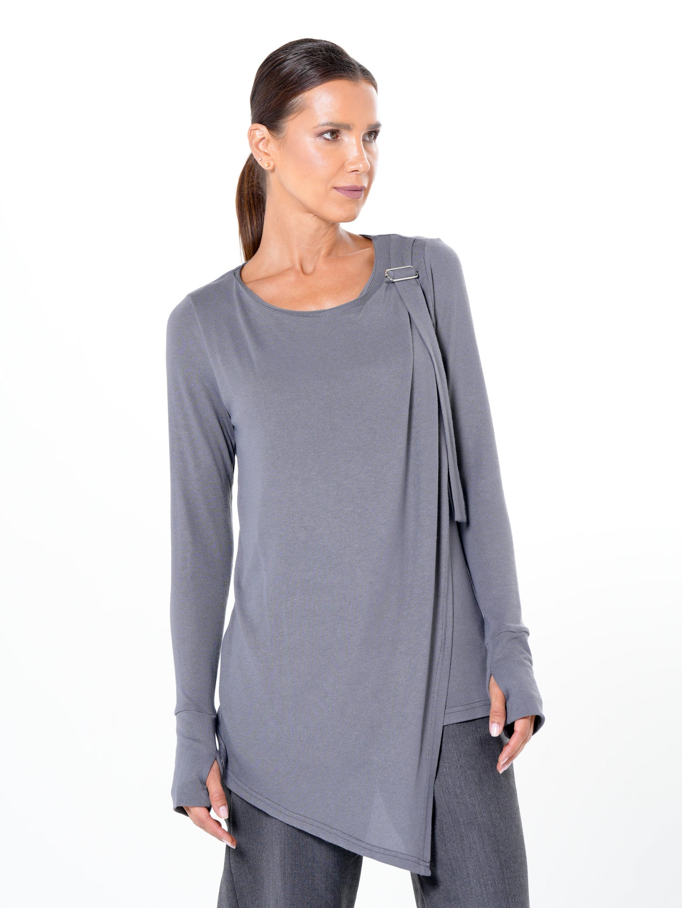 Asymmetric Long Sleeve Top In Gray