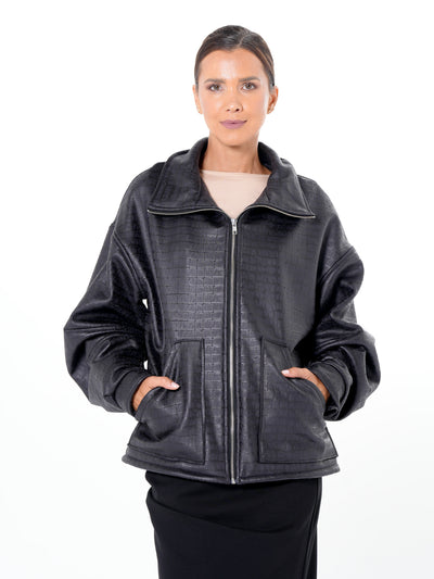Oversized Croc-Effect Jacket In Black