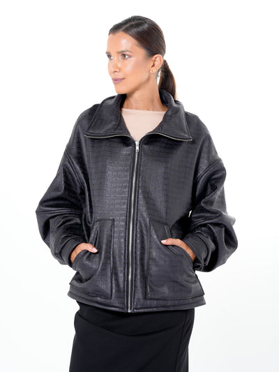 Oversized Croc-Effect Jacket In Black