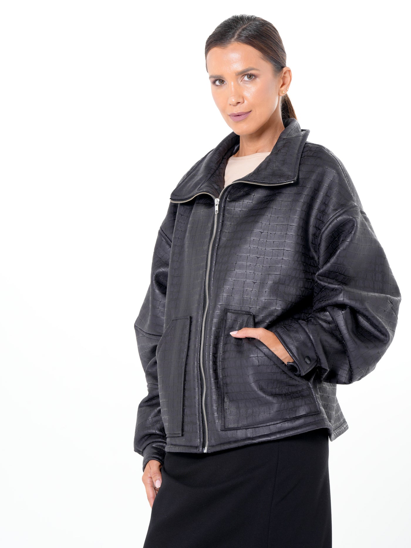 Oversized Croc-Effect Jacket In Black