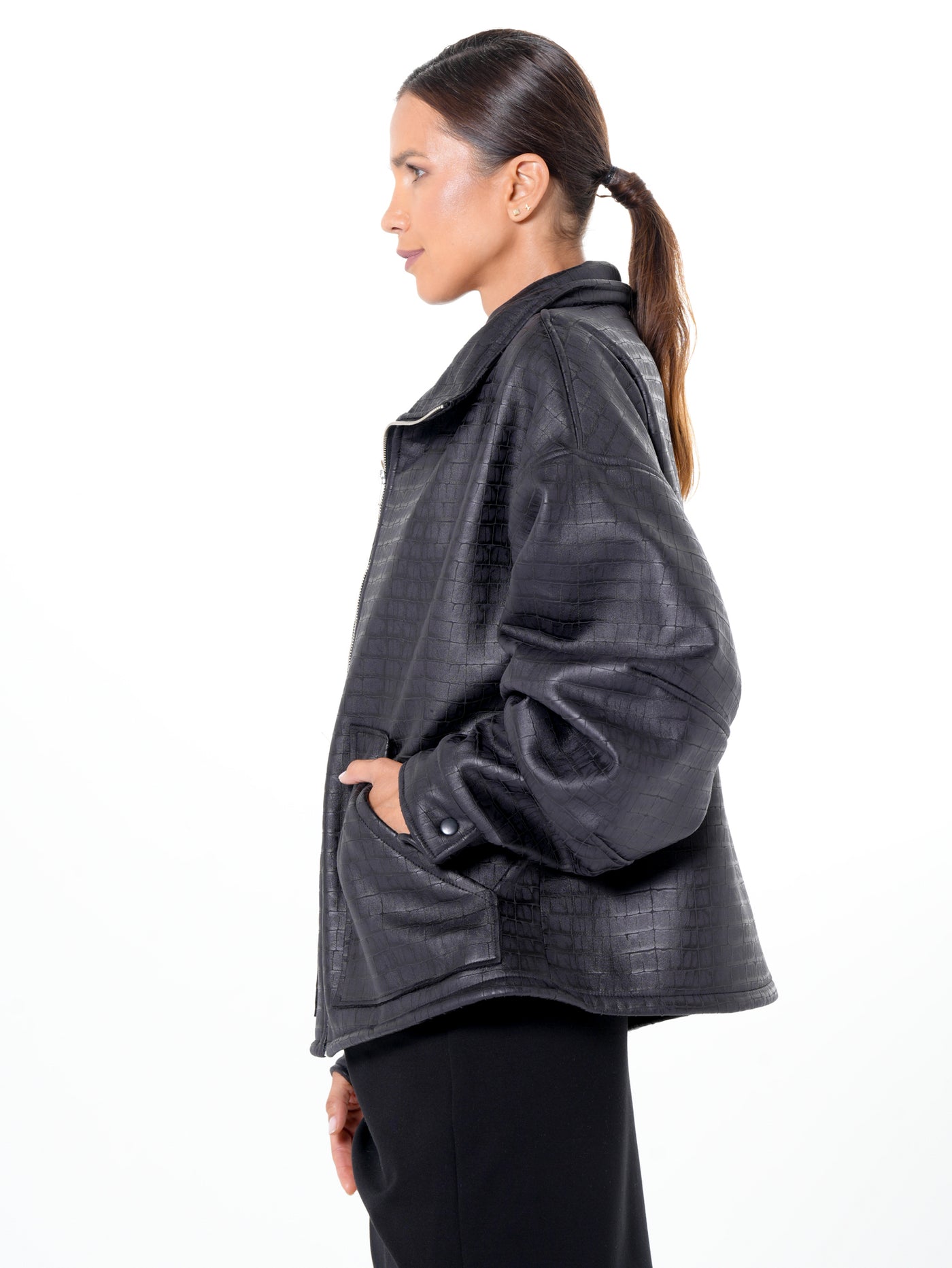 Oversized Croc-Effect Jacket In Black