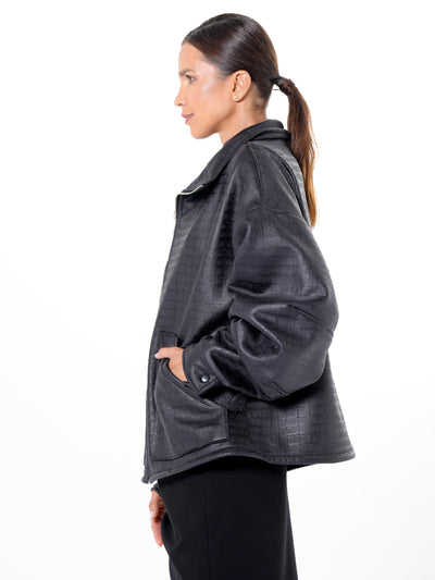 Oversized Croc-Effect Jacket In Black