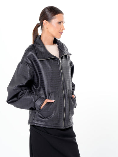 Oversized Croc-Effect Jacket In Black