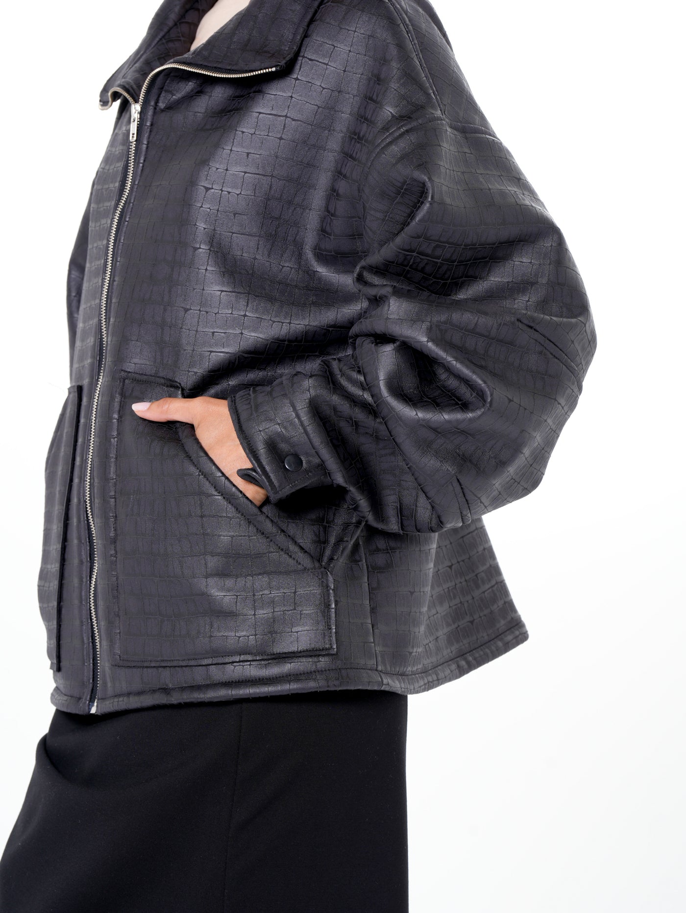 Oversized Croc-Effect Jacket In Black