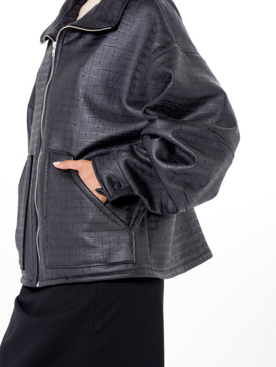 Oversized Croc-Effect Jacket In Black
