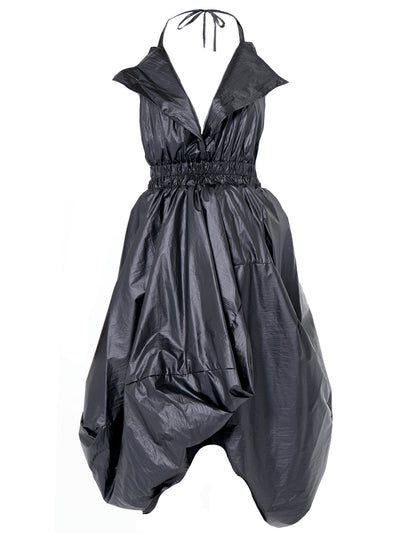 Draped Balloon Pinafore Dress In Black