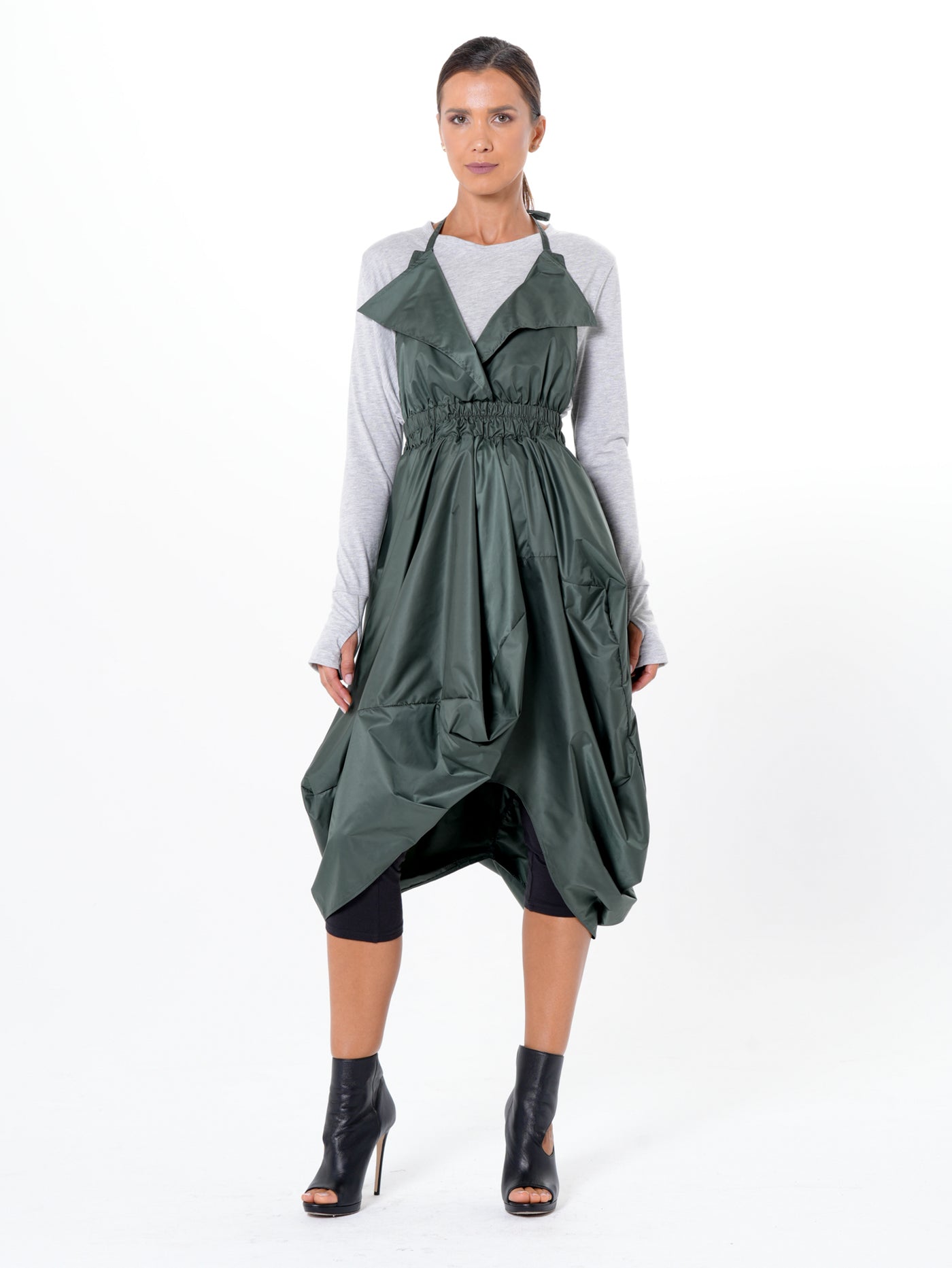 Draped Balloon Pinafore Dress In Green