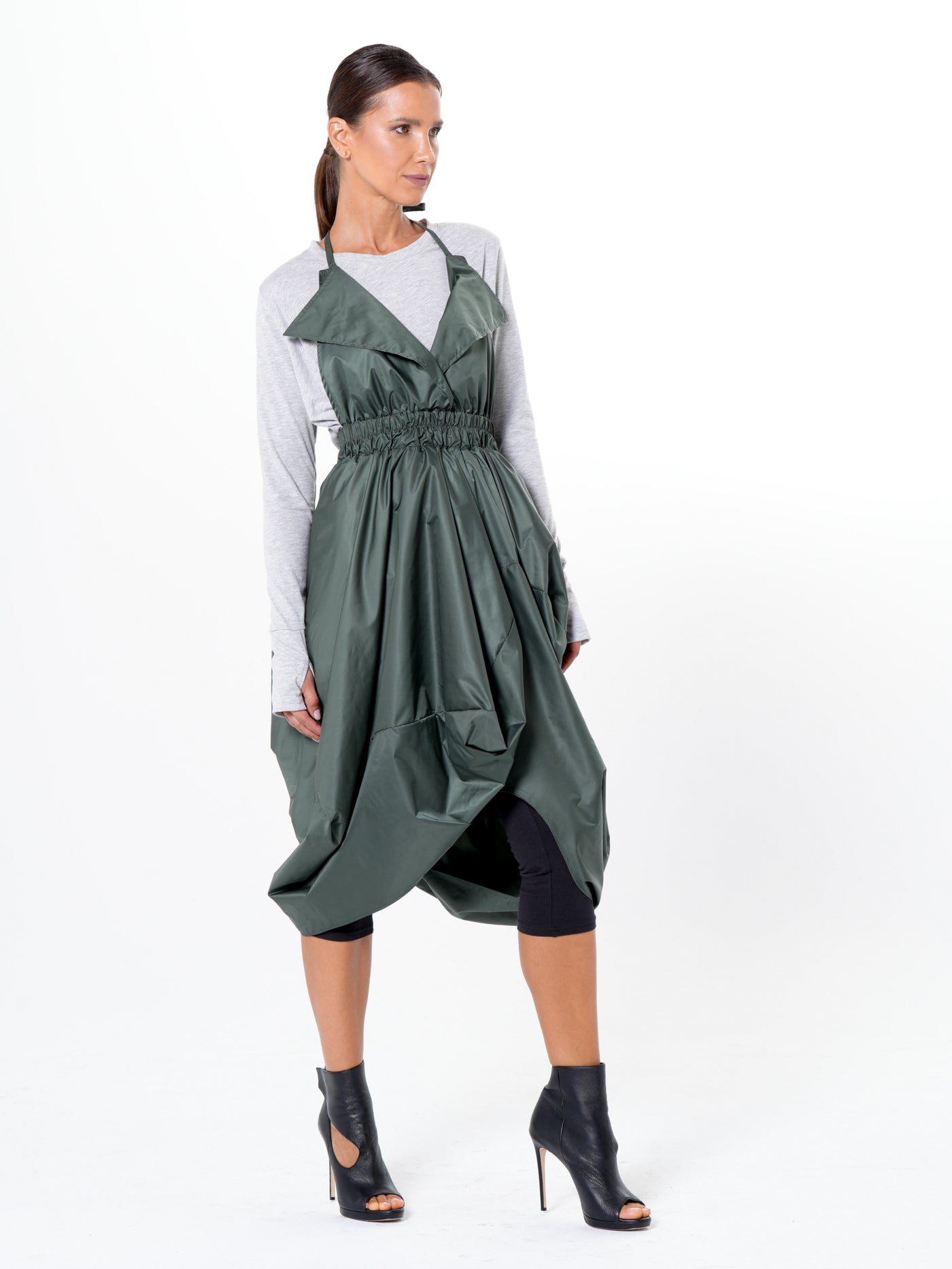 Draped Balloon Pinafore Dress In Green