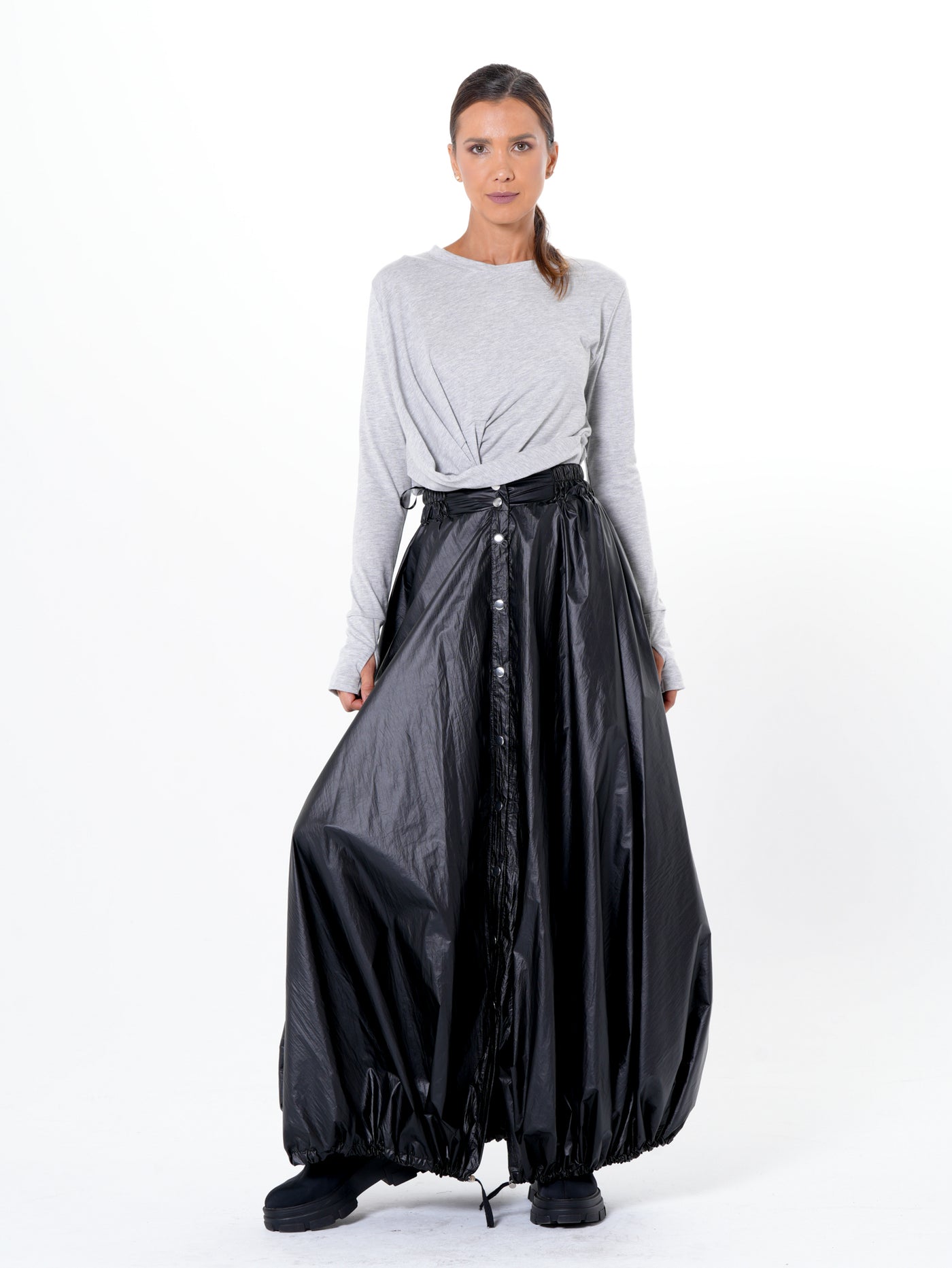 Voluminous Maxi Skirt with Adjustable Hem In Black