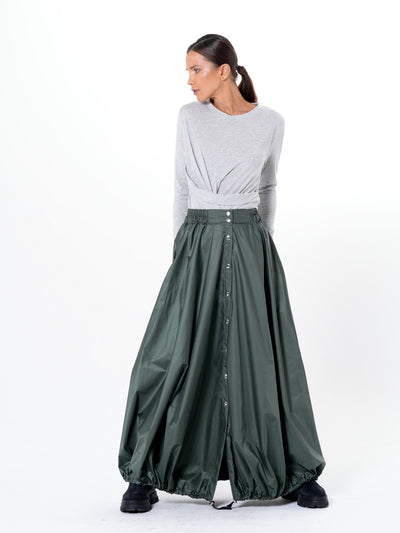 Voluminous Maxi Skirt with Adjustable Hem In Green