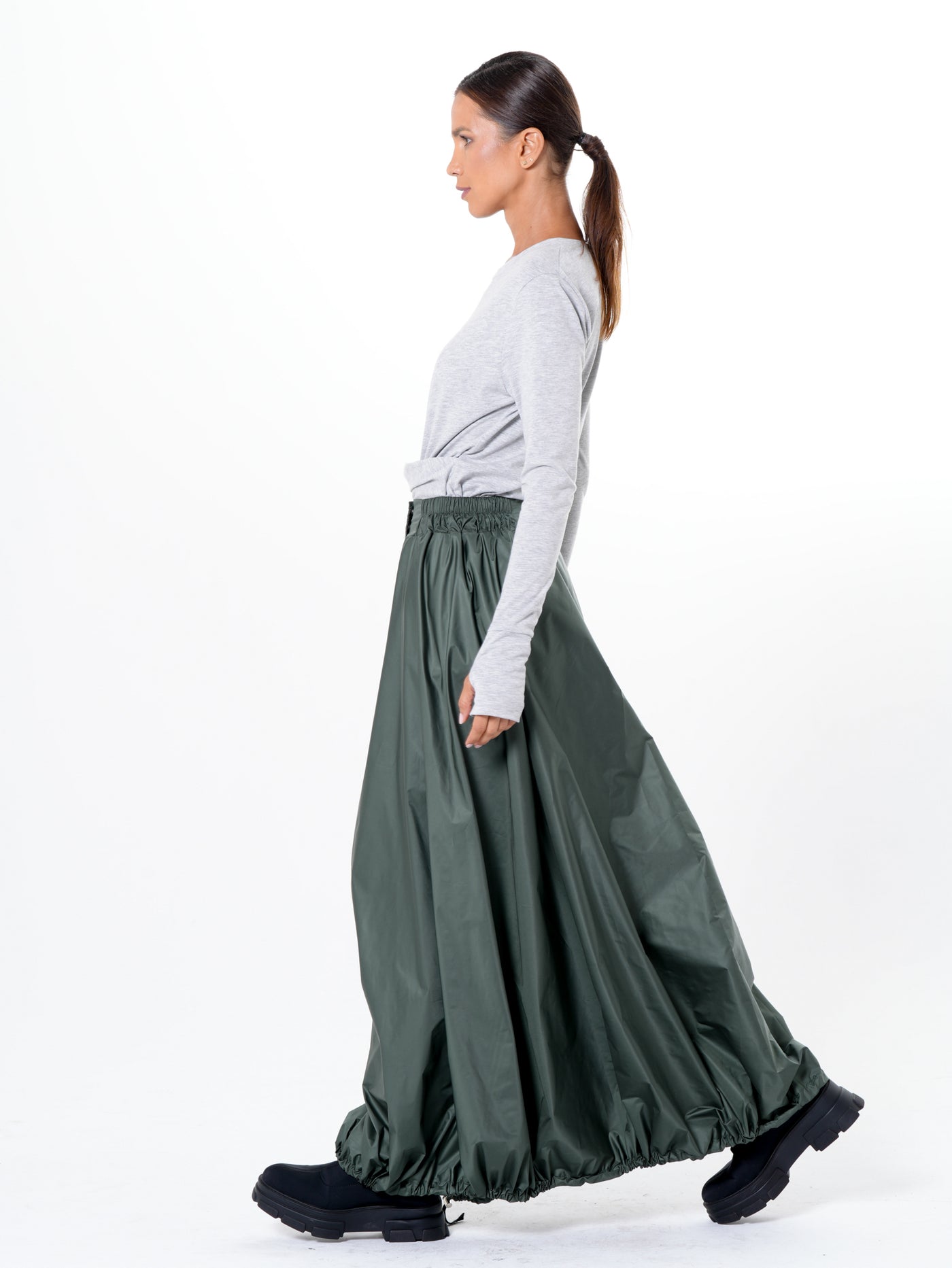 Voluminous Maxi Skirt with Adjustable Hem In Green