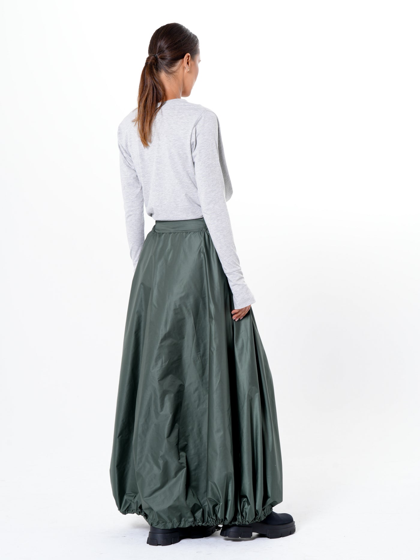 Voluminous Maxi Skirt with Adjustable Hem In Green