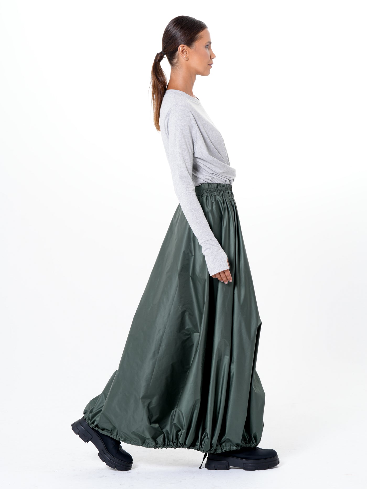 Voluminous Maxi Skirt with Adjustable Hem In Green