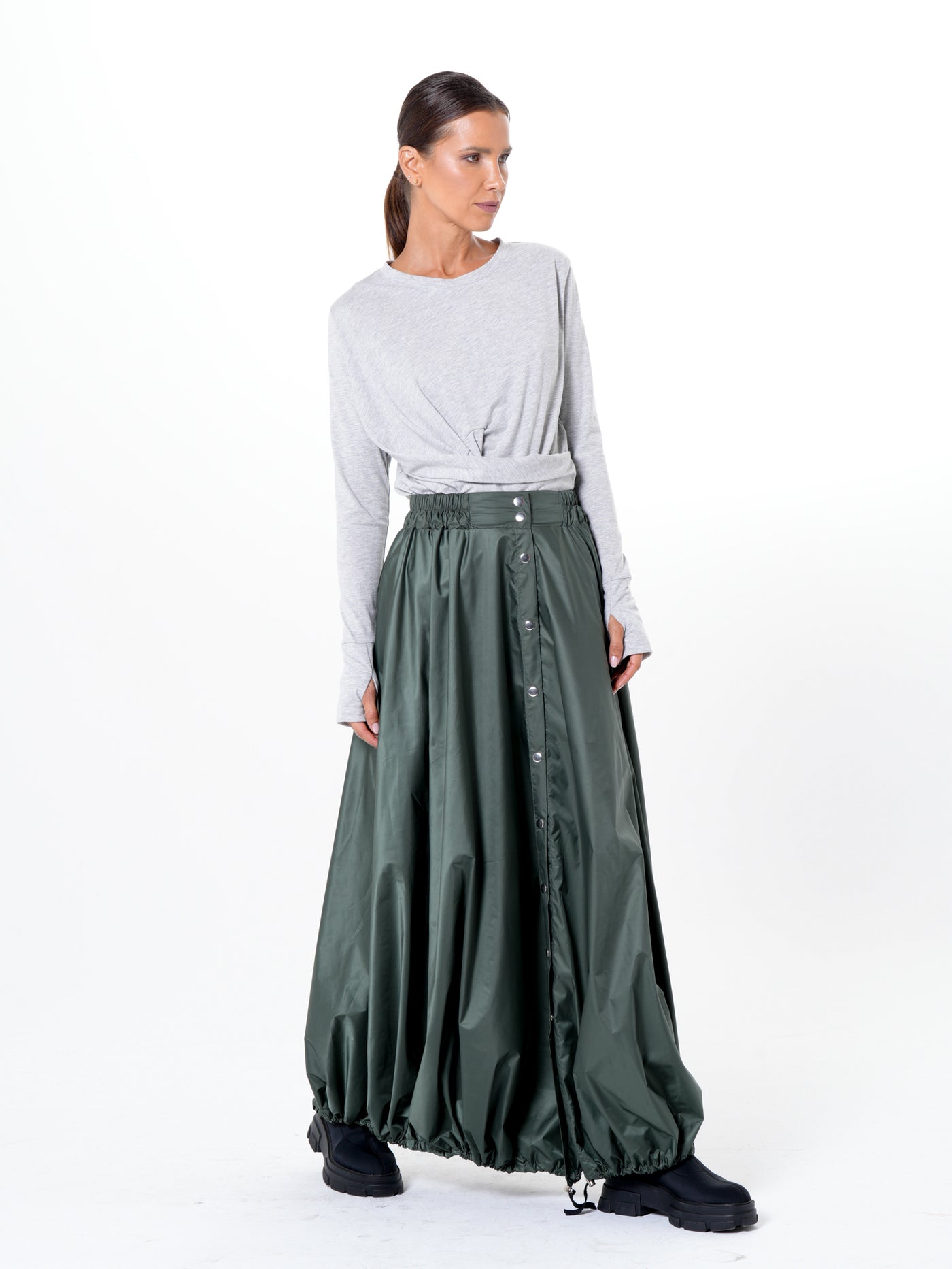 Voluminous Maxi Skirt with Adjustable Hem In Green