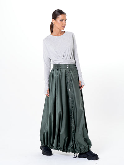 Voluminous Maxi Skirt with Adjustable Hem In Green