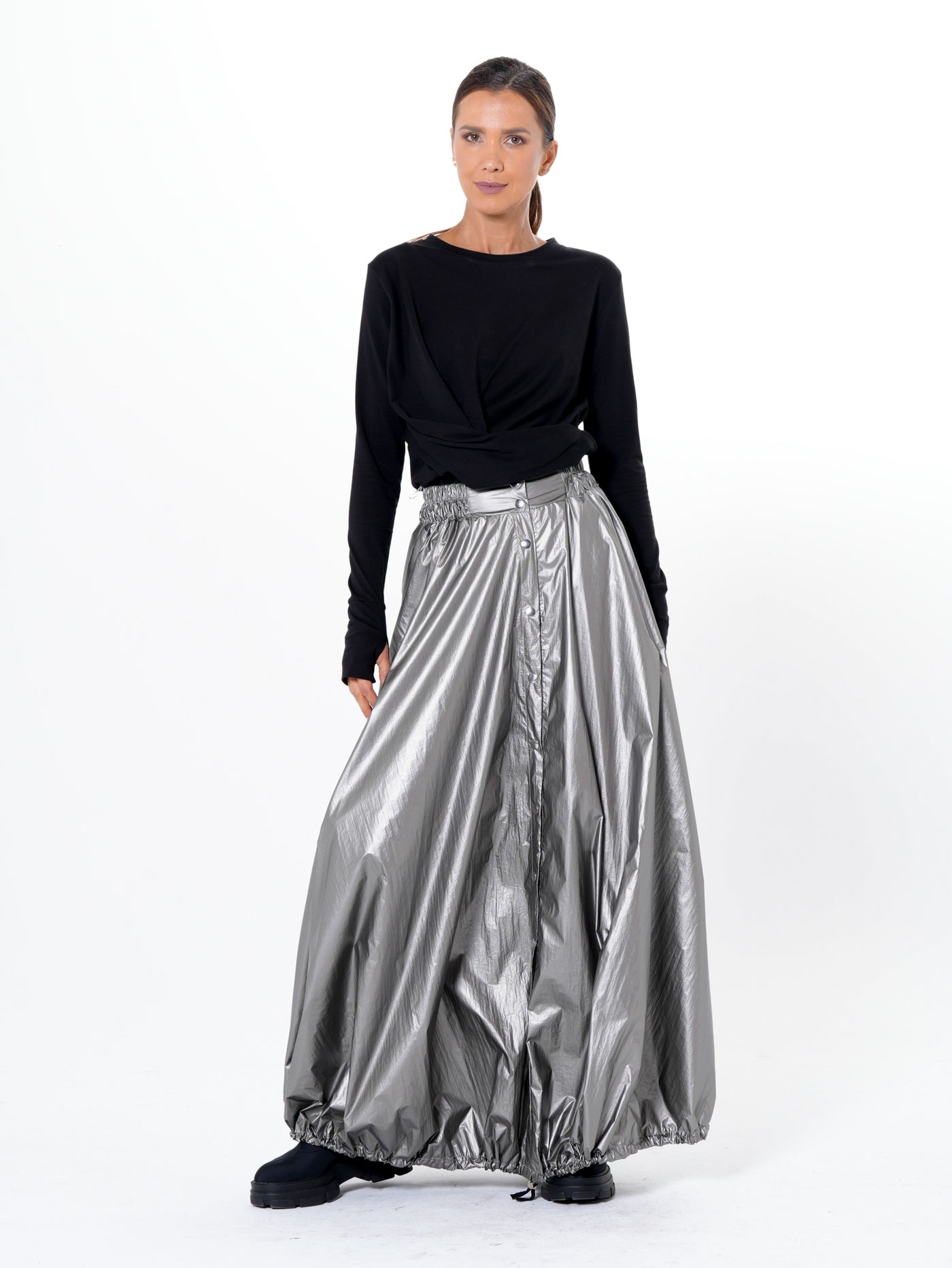 Voluminous Maxi Skirt with Adjustable Hem In Silver