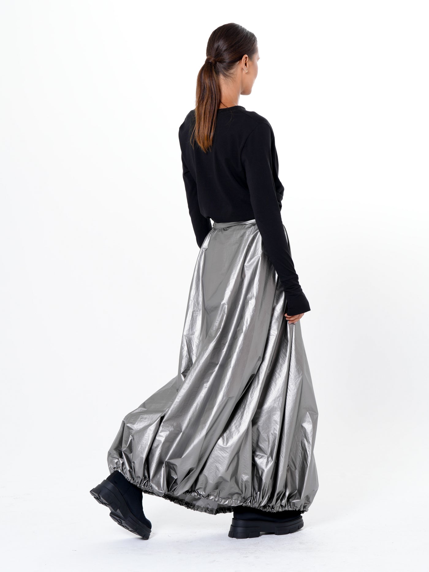 Voluminous Maxi Skirt with Adjustable Hem In Silver