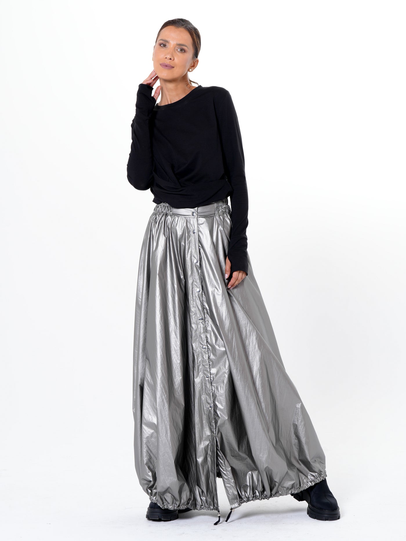 Voluminous Maxi Skirt with Adjustable Hem In Silver
