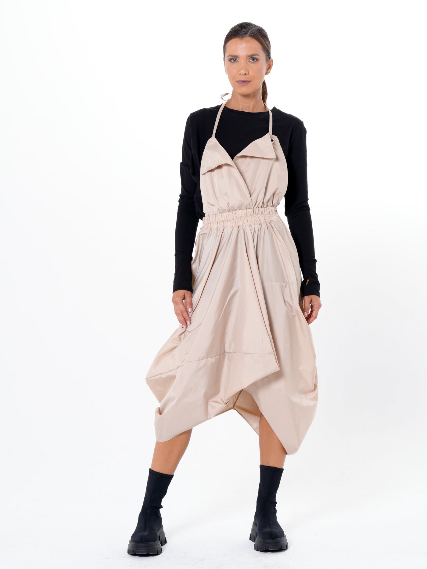 Draped Balloon Pinafore Dress In Beige
